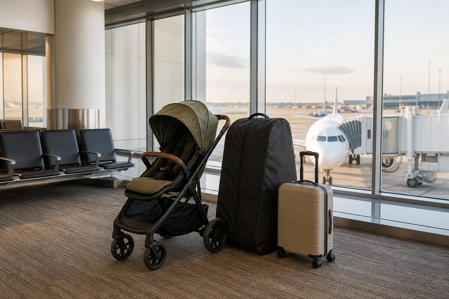 A stroller and travel bag at an airport departure gate