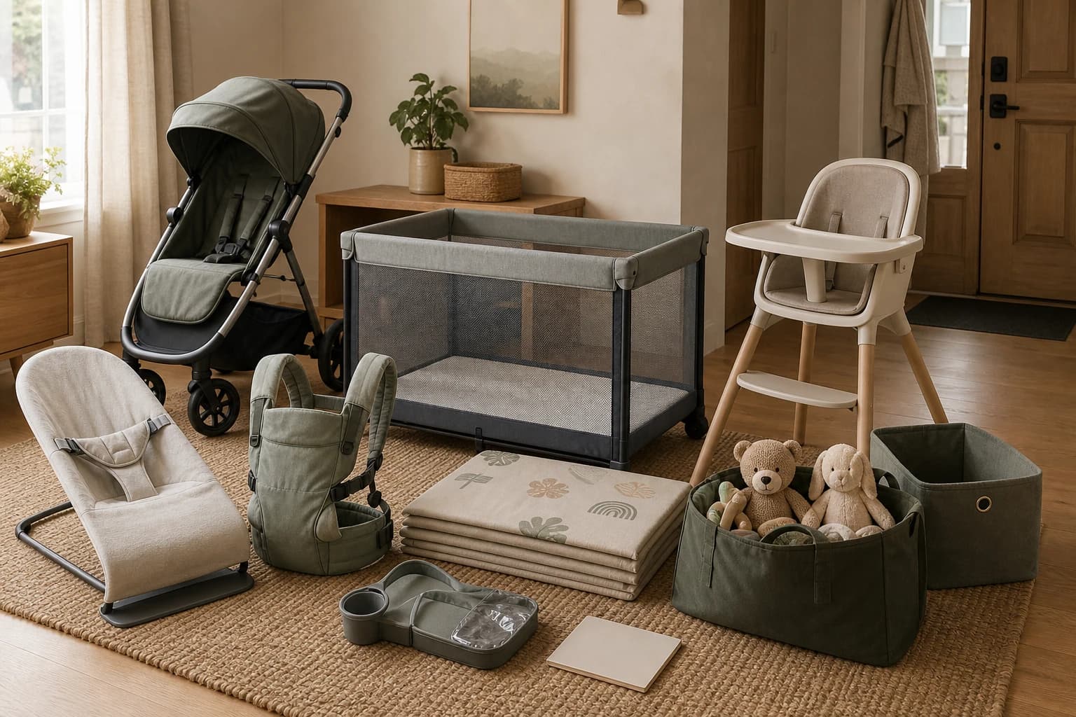 A collection of family gear organized for its next stage