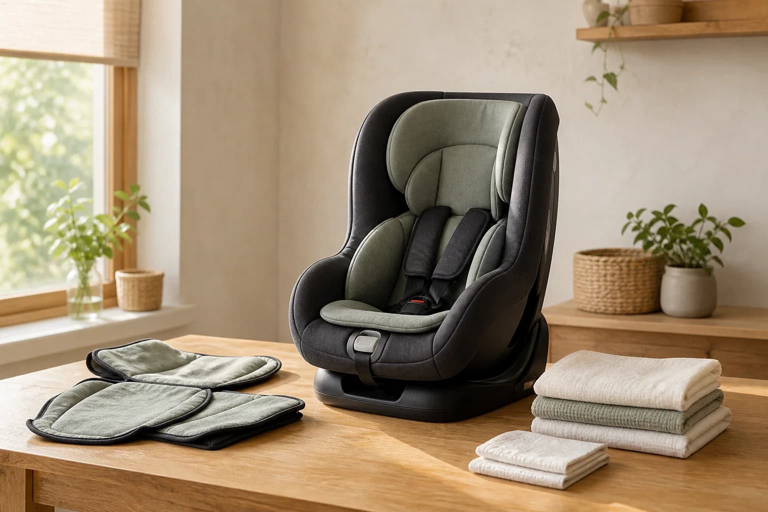 A clean car seat arranged in a warm care studio