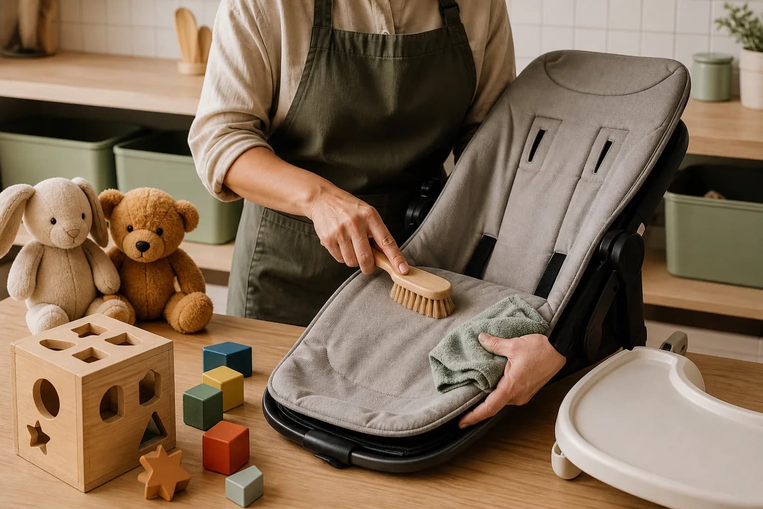 Careful hands-on cleaning of stroller fabric with plushies, toys and a high-chair tray organized nearby