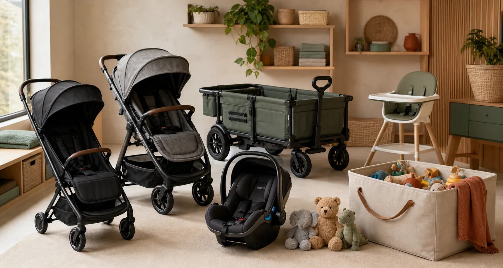 A complete collection of freshly cared-for family gear including two strollers, a wagon, car seat, high chair, toys and plushies