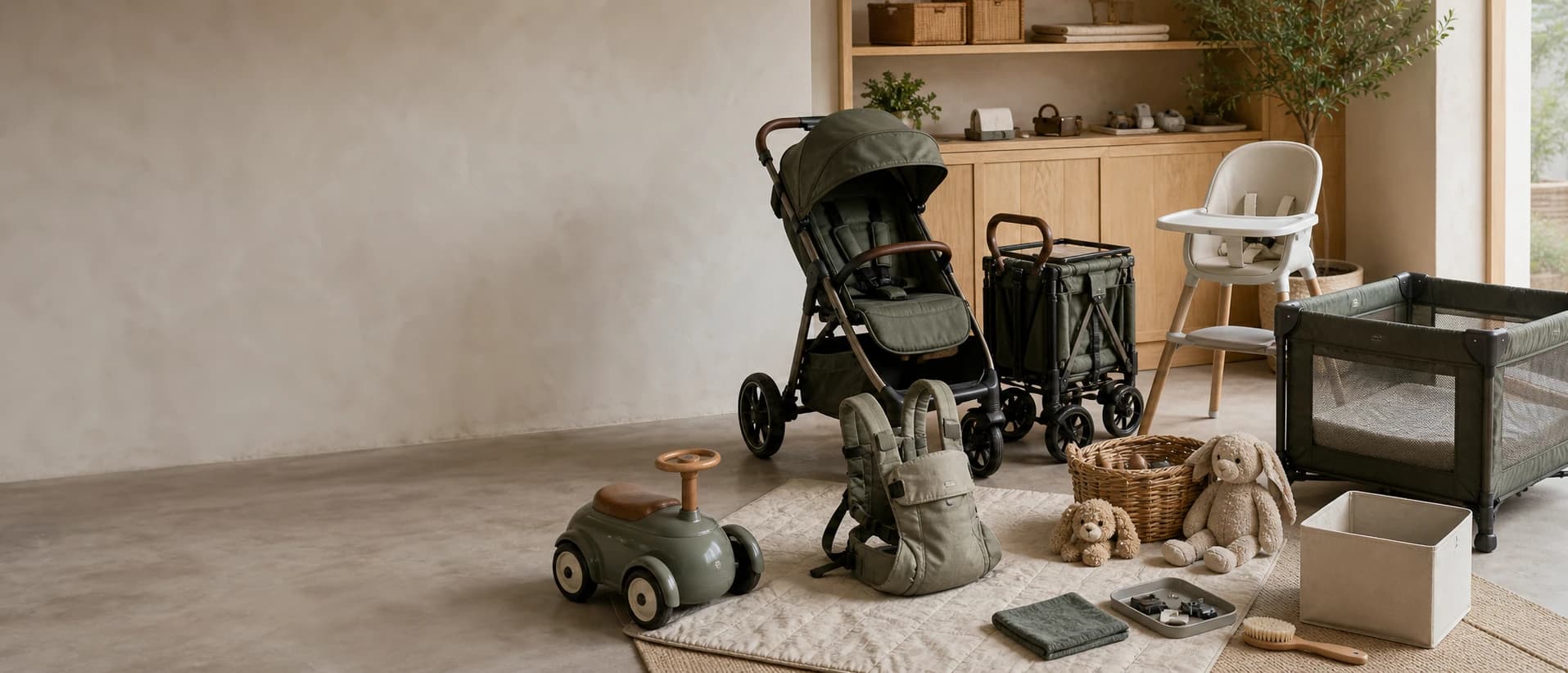 Strollers, high chairs, toys and plush arranged in a family-gear care studio