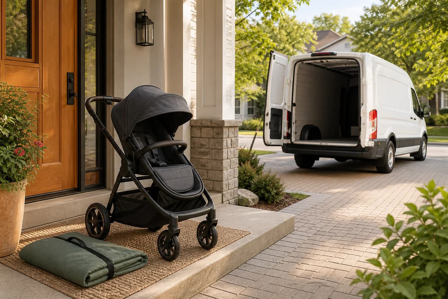 A stroller ready for scheduled pickup at a home, with an unbranded van waiting nearby
