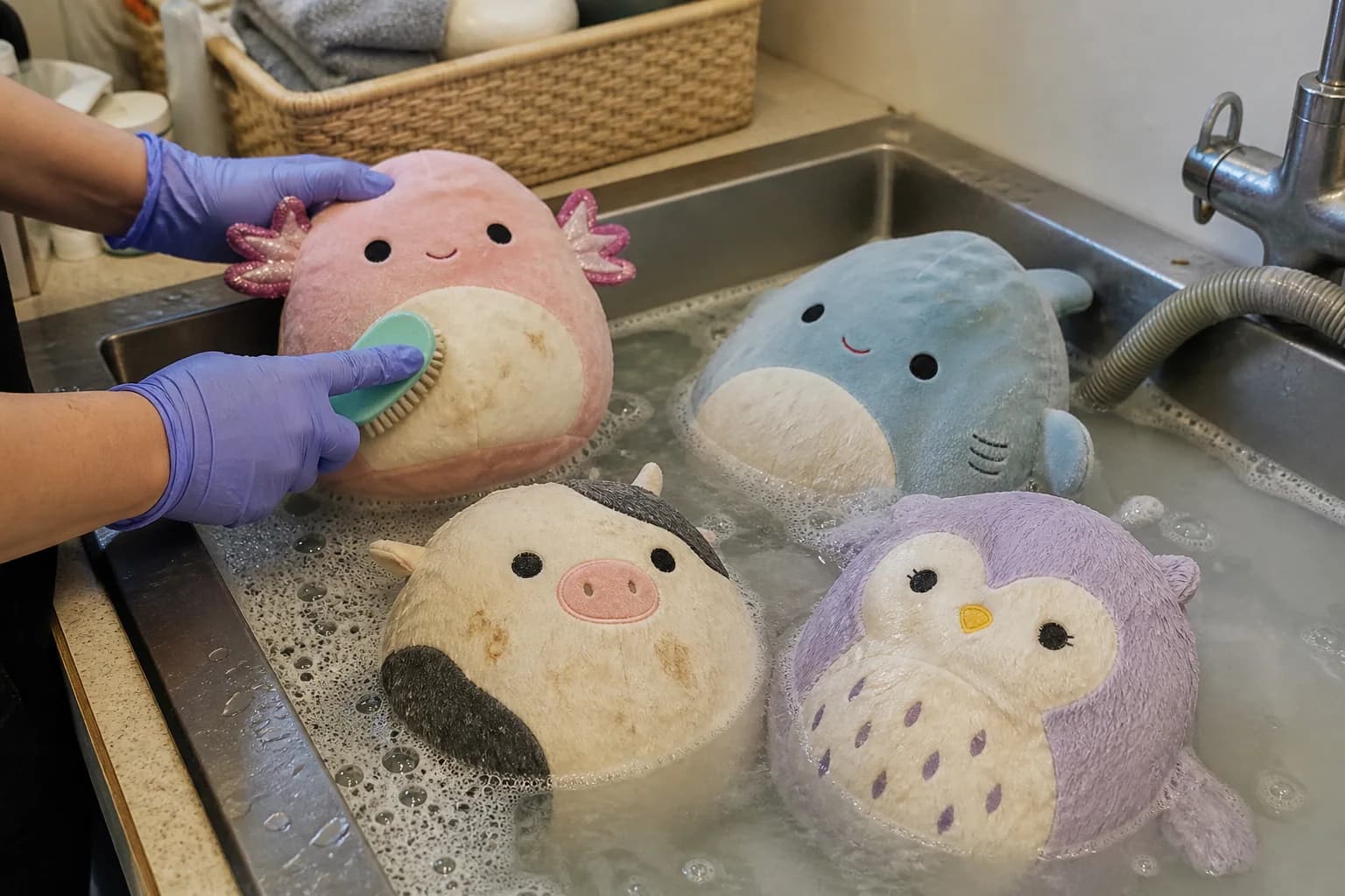 Well-loved plush toys being gently washed in a utility sink