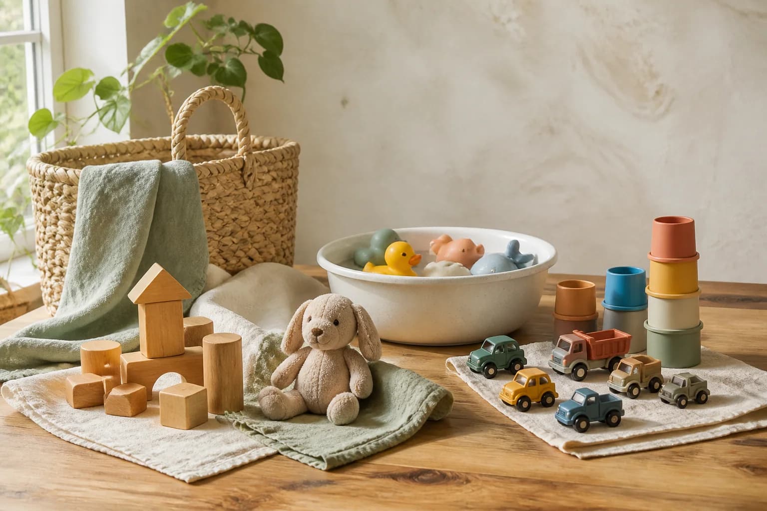 Toys sorted by material in a warm, people-free care studio